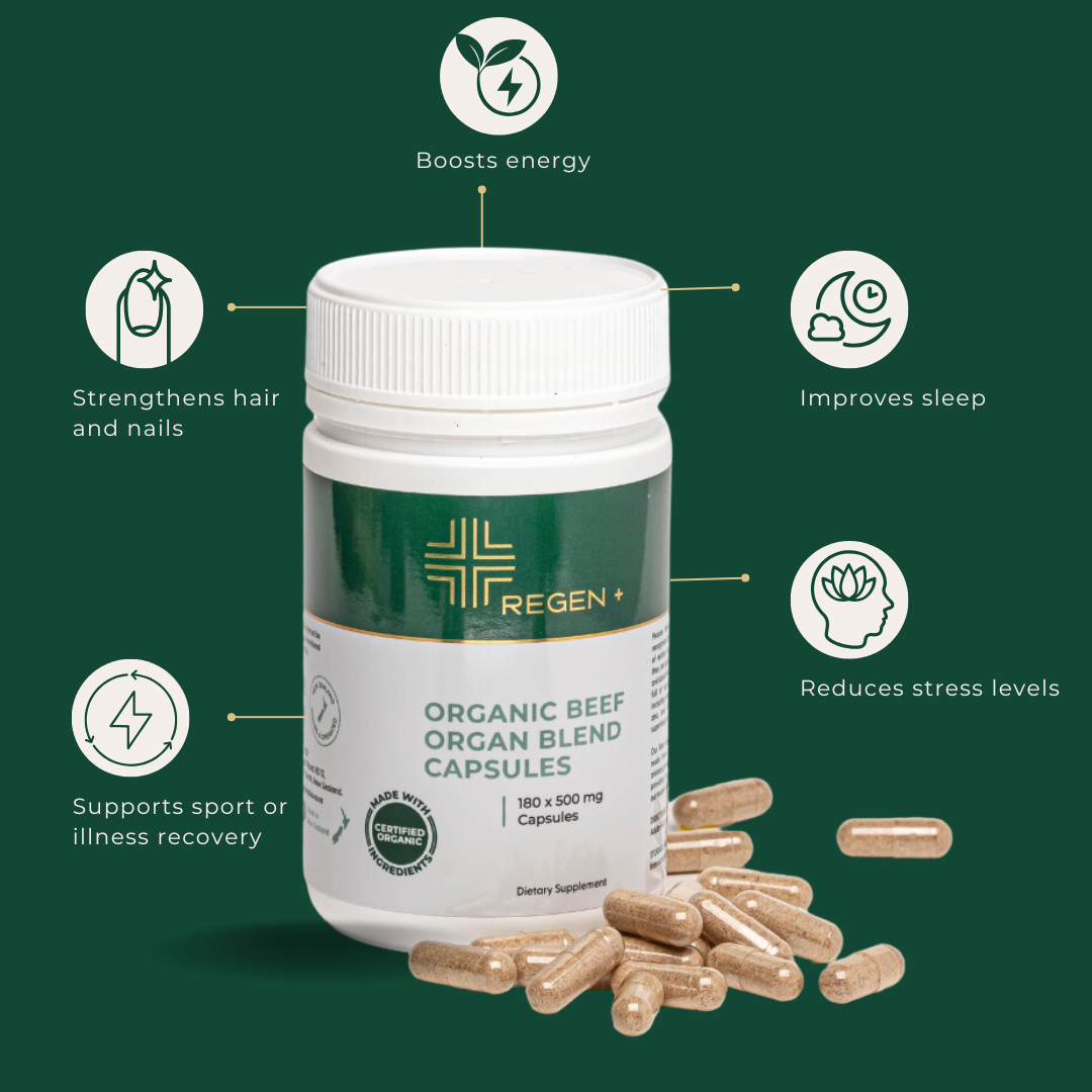 organic beef blend capsules graphic showing its health and wellbeing benefits